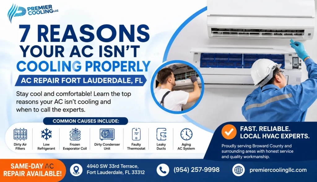 Premier Cooling LLC technician repairing a wall-mounted air conditioner with the headline "7 Reasons Your AC Isn't Cooling Properly" promoting AC repair services in Fort Lauderdale, FL