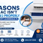 Premier Cooling LLC technician repairing a wall-mounted air conditioner with the headline "7 Reasons Your AC Isn't Cooling Properly" promoting AC repair services in Fort Lauderdale, FL